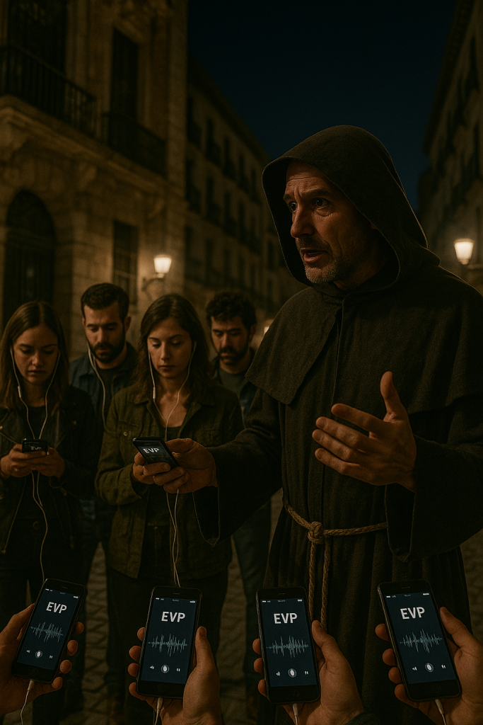 Guía de misterio encapuchado mostrando psicofonías durante La Noche de los Espíritus